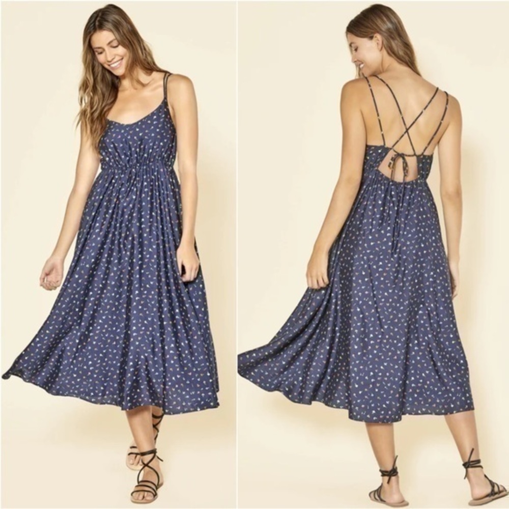 Outerknown Navy Blue Floral Midi Dress